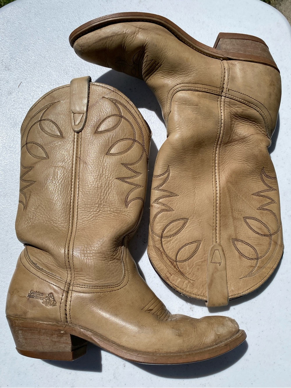 Golden Retriever Tan Beige Leather Cowboy Boots with Western Stitching
